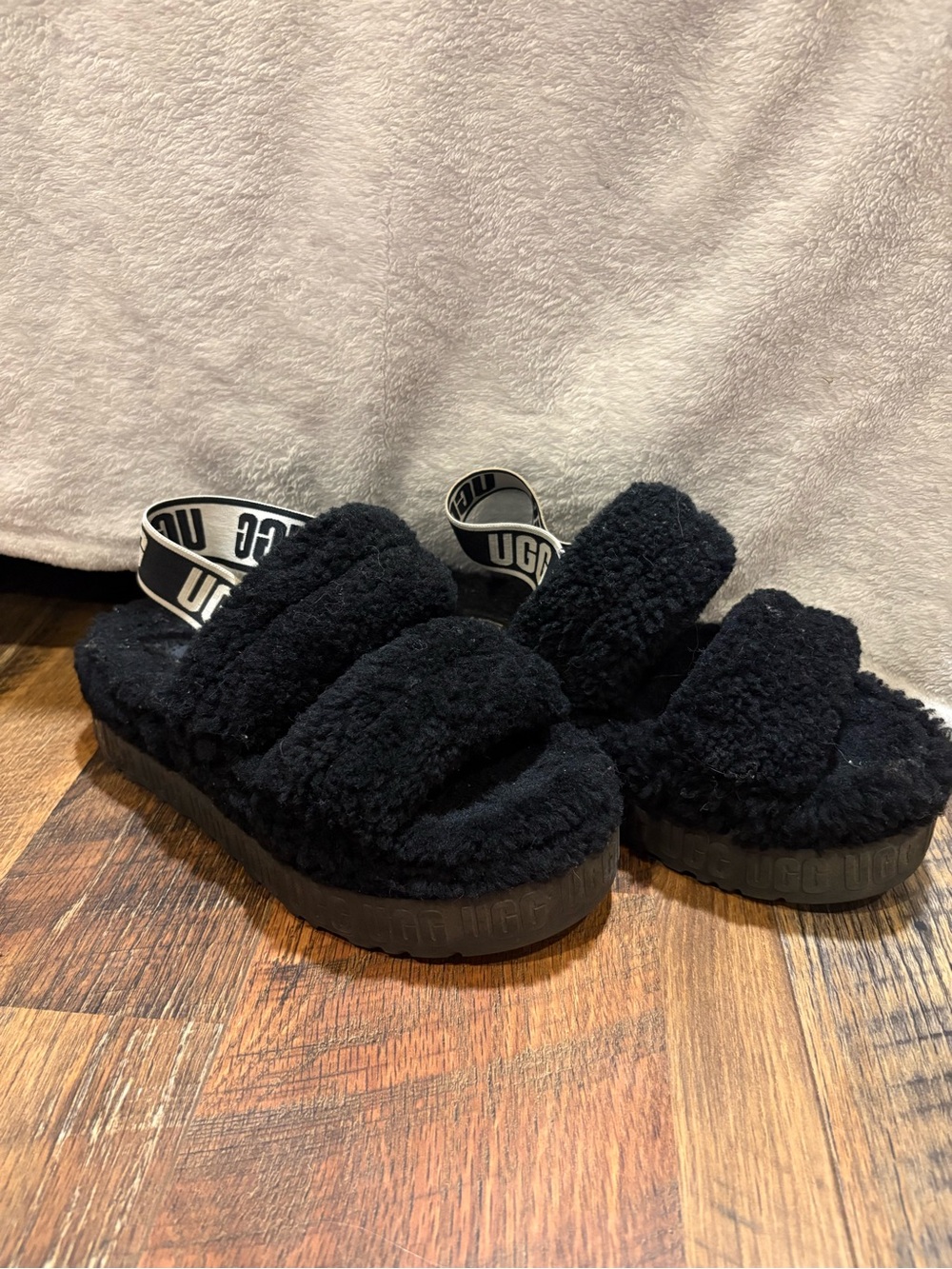 UGG Black Fuzzy Double-Strap Slide Sandals